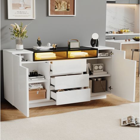 MEUBLIV Credenza 140 x 40 x 68 cm bianca e nera – 3 cassetti, LED e vani (1/5)