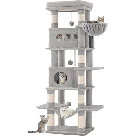 170 cm Grand Arbre à Chat, Tour à Chat pour Chats d'intérieur, avec Grand Perchoir, Tapis Lavable, 2 Niches Chats, 8 Griffoirs, Hamac, Pompons, Gris Clair MS17018LG (1/5)