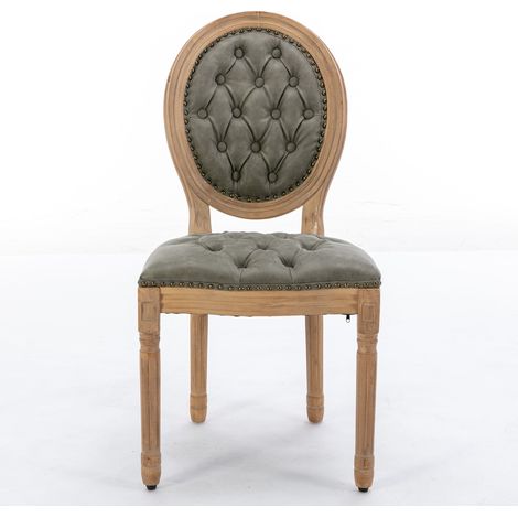 CHICFURN Set de 2 sillas de comedor estilo francés, tapizado en cuero regenerado verde oliva, respaldo oval capitoné, patas de madera, con tachuelas envejecidas (1/5)