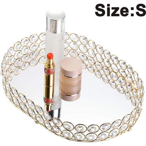 Plateau Cosmétique - Plateau à Bijoux en Verre Miroir - Forme Ovale - Dimensions S 25,5 x 19 x 6 cm ou M 31 x 23 x 6 cm - Argent ou Or - 1 Pièce (1/5)