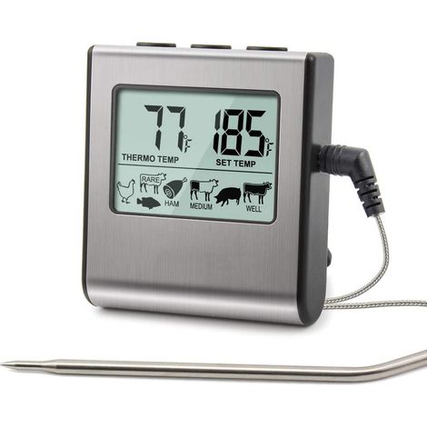 Thermometre Cuisson LCD - Sonde Acier Inoxydable - Plage 0 À 300 °C - Minuterie Numérique 99 H 59 Min - Pour Four Fumoir Grill Barbecue - 1 Pièce