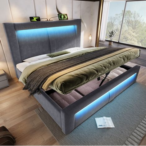 Lit coffre 160x200 cm avec LED et ports USB et Type-C, en velours gris, sans matelas (1/5)