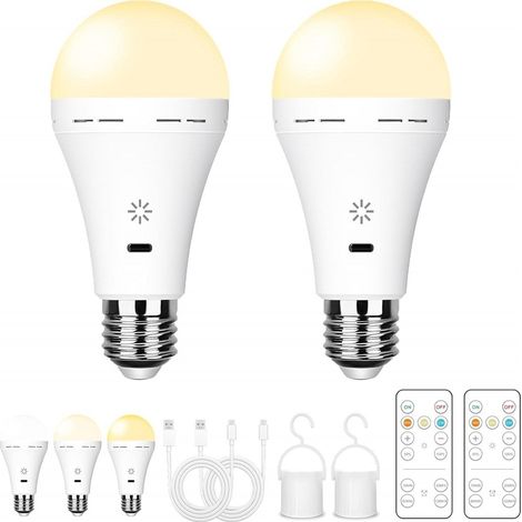 Wiederaufladbare Glühbirne mit Fernbedienung und Touch-Steuerung, warmweißes Licht 3000 K (2er-Pack) 2600 mAh Akku, 7 W, 700 lm, dimmbare LED, USB-C, 3 Timer, inklusive Haken, für Stromausfallbeleuch (1/5)