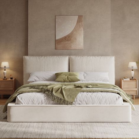 Lit Double Capitonné 160x200 cm en Tissu Chenille Beige - Tête de Lit Rembourrée et Sommier Inclus - Cadre de Lit Moderne pour Adultes 2 Personnes