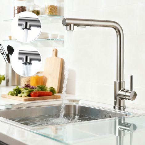 Aica Sanitaire – Robinet de cuisine haute pression 304 inox – Douche extractible 360° – Technologie double pression – Installation facile avec kit complet (1/5)