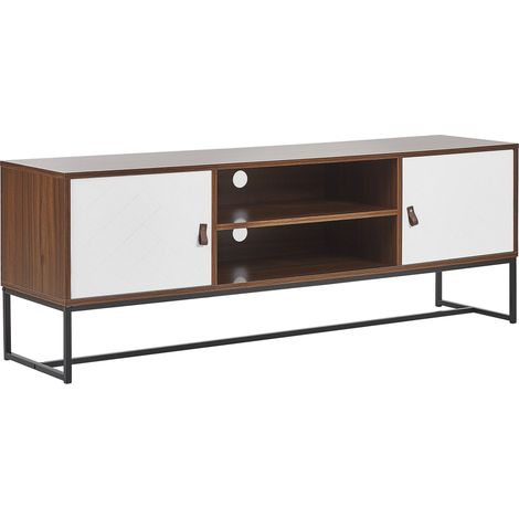 Meuble TV Effet Bois Foncé avec 2 Compatiments à Portes Blanches et Étagère Banquette Télé Fonctionnelle pour Salon Moderne et Traditionnel Beliani