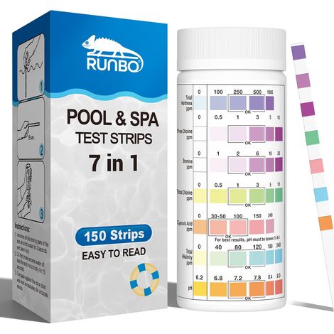 Bandes de test 7 en 1 pour piscine et spa, 150 pièces, pour tester avec précision le brome, l'alcalinité totale, le chlore libre, la dureté totale, l'acide cyanurique et le chlore total, le pH (1/5)