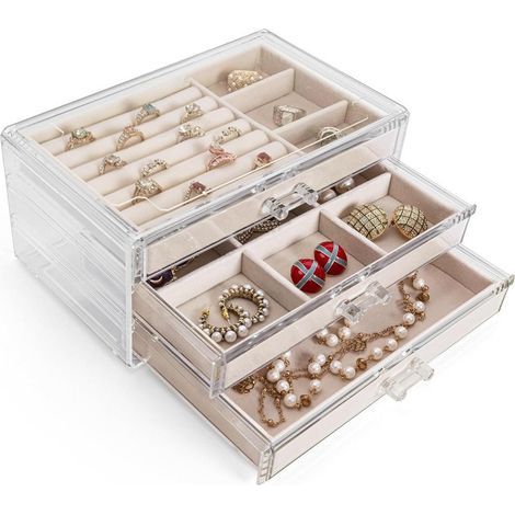 Coffret Bijoux avec 3 Tiroirs En Velours Acrylique pour Boucles D'Oreilles, Bagues, Colliers, Bracelets - Organisateur, Cadeau Pour Femme (Beige) (1/5)