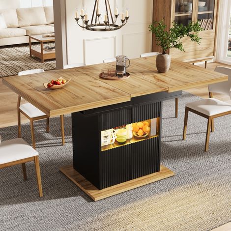 Table à manger extensible bois noir 110-140x80x76cm rangement éclairage LED étagère réglable charge 60kg 4-6 personnes (1/5)