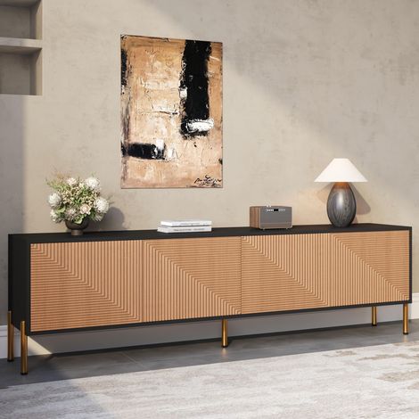 Meuble TV 179x35x53,5 cm - Banc TV avec 4 Portes à Texture 3D et Pieds Dorés - Style Luxe Discret - Panneau de Particules - Noir (1/5)