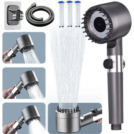Pommeau de Duche Haute Pression, OUYLAF Pommeau de Duche Economie Deau avec Tuyau Douche 1.5M et Support, Salle de Bain Réglable à 4 Modes, Pommeau de Douche Anti Calcaire Bouton D'arrêt D'eau (1/4)