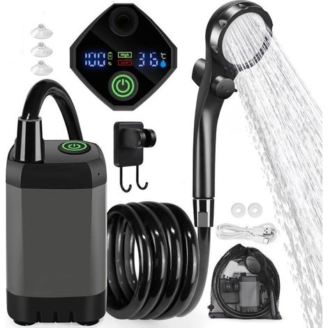 Douche de camping portable 6000 mAh avec écran LED intelligent et pompe rechargeable pour la randonnée, la voiture et les animaux de compagnie. (1/5)