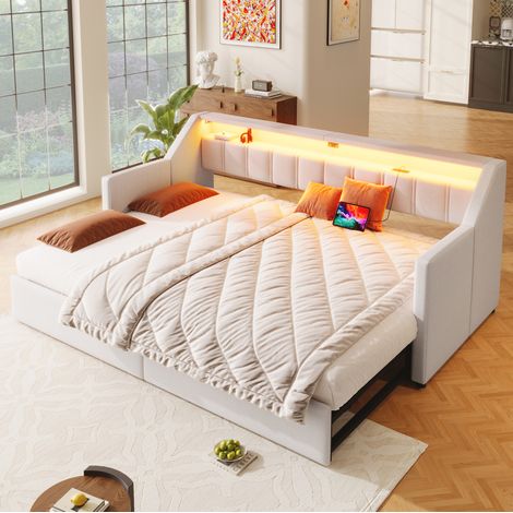 Cama nido tapizada extensible con USB LED y cajones OKMYHOME (1/5)