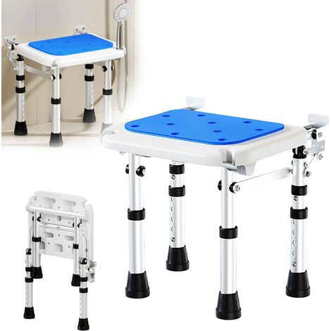 Folding Shower Seat, Wall Mounted, Height-Adjustable Aluminium Alloy Shower Chair with 4 Non-Slip Support Legs, Non-Slip Cushion and Shower Head Holder, for Seniors, Disabled and Pregnant Women (1/5)