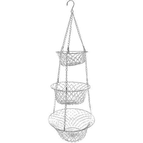 Panier à fruits à 3 niveaux, panier de rangement pour légumes et fruits de cuisine, panier suspendu à chaîne pour un gain de place (argenté) (1/5)