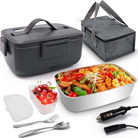 Boîte à déjeuner électrique 2 l 80 W, 12 V/24 V/220 V, grand chauffe-plats chauffant, portable, avec sac, fourchette et cuillère en acier inoxydable, pour voiture, camion, bureau, maison (1/5)