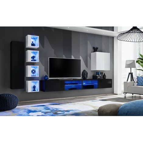 Ensemble meuble TV mural Switch XXVI - L 320 x P 40 x H 150 cm - Noir et blanc - Livraison gratuite