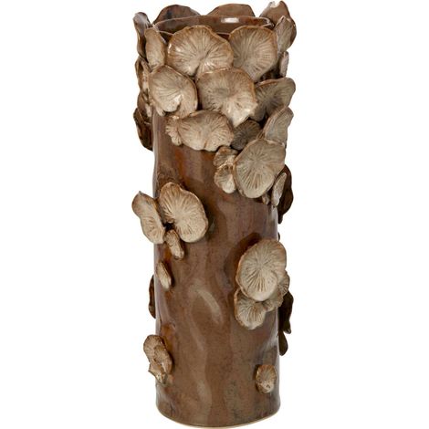 Vase cylindre en grès décor champignons - marron et beige (1/2)