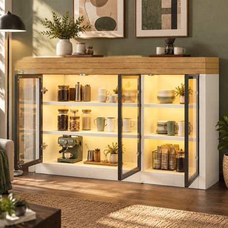 Armoire vitrine LED 70x40x160 cm, 4 compartiments avec rangement coulissant, brillance, blanc, verre trempé pour salon - FloraGrace