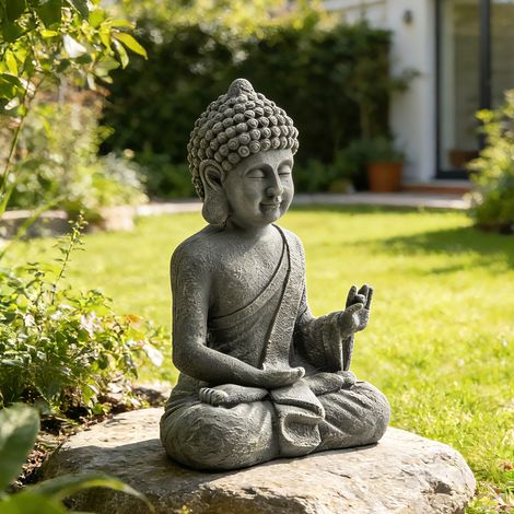 Statue de Jardin. Sculpture de Bouddha Assis en Oxyde de Magnésium. Décoration Spirituelle 32 x 23 x 51 cm. Gris Foncé