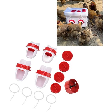 [Bebedero automático para pollos] Bebedero para pollos por gravedad, 4 piezas, plástico, 668 g – Sistema anti-desperdicio y anti-lluvia para cubos/bandejas (1/5)