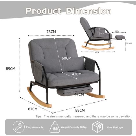 Grand fauteuil à bascule gris en velours côtelé avec repose-pieds, dossier réglable, fauteuil de relaxation pour salon et chambre (1/5)