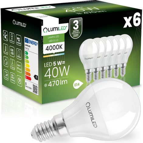 6 lampadine LED E14 a sfera P45 5W = 40W 470lm 4000K Neutro 180° lumiled (1/5)