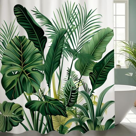 Rideau Douche Vert, 180x180 cm, Feuille de Palmier Tropicale Verte Rideau, Bain Tissu Polyester Lavable Salle de Bain avec 12 Crochets (1/5)
