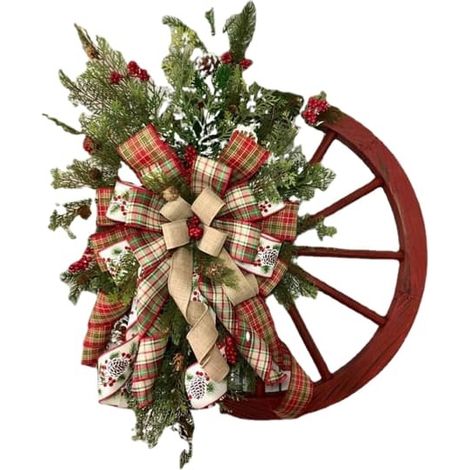 Couronne de Noël en bois avec nœud et roue de camion rouge, décoration d'automne pour porte d'entrée, pour intérieur et extérieur. (1/5)