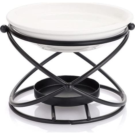 Quemador de aceites esenciales decorativo de metal con recipiente de cerámica - Portavelas decorativo para el hogar - Difusor de aromas - Quemador de velas (negro) (1/5)