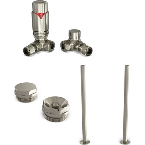 Derry Bold - Silver Nickel Thermostatic Radiator Valve & Installation Kit Corner 15mm (130mm version) (1/3)
