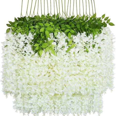 Fleurs de glycine artificielles – Guirlande végétale décorative pour plafond – Décoration de mariage – Osier synthétique – Soie – Blanc (1/4)