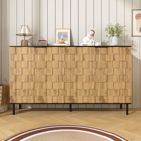 Credenza a 2 ante, 160x35x80,5 cm, madia contenitore per soggiorno e ingresso in stile wabi-sabi, pannello truciolare con effetto mosaico 3D e gambe in metallo, naturale (1/5)