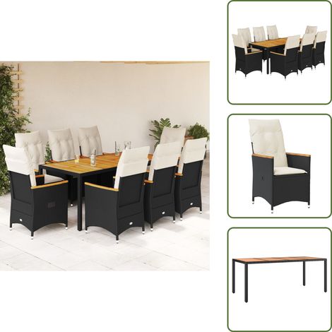 The Living Store Ensemble à manger de jardin 9pcs coussins noir résine tressée - Ensemble Salon De Jardin - Mobilier De Jardin - Chaises Pliantes - Table De Jardin - Résine Tressée