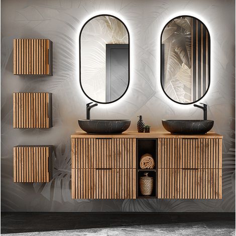 Badezimmer Set Doppelwaschtisch mit Regal, Hängeschränke, Spiegel XANTEN-56 in anthrazit mit Eiche Nb. schwarz gerillt, B/H/T: ca. 190/200/46,5 cm (1/5)
