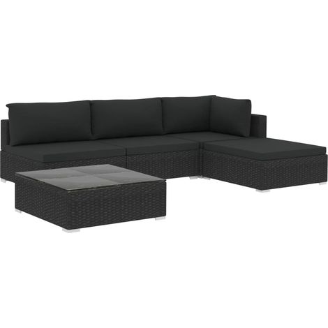 Vidaxl – Salon de jardin 5 pièces en résine tressée noire – Canapé d'angle et table basse en verre trempé – Coussins épais 6 cm – Résistant aux intempéries (1/5)