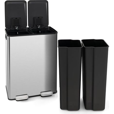 Goplus – Poubelle tri sélectif 60L avec 2 compartiments 30L – Ouverture douce – Compartiment désodorisant intégré – Acier inoxydable argent – Dimensions 48x38x67cm - TRI 60 L (1/5)