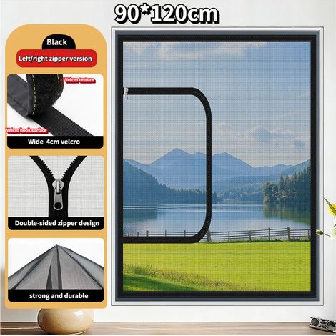Moustiquaire de fenêtre anti-moustique auto-adhésive Velcro, bouclier pour chat, fil d'acier inoxydable, avec ouverture à glissière, noir,90120cm (1/5)