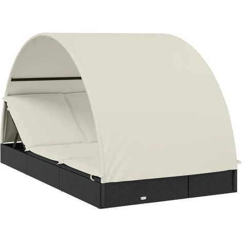 Transat chaise longue bain de soleil 2 places avec toit rond 211 x 112 x 140 cm noir