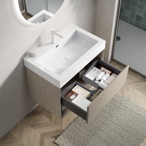 Meuble lavabo suspendu avec vasque rectangulaire monobloc résine blanche/meuble contreplaqué 1 tiroir + étagère ouverte - 70 cm (1/5)