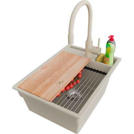 PRIMAGRAN Evier Cuisine en Granit 38x53cm,Lavabo 1 bac + Robinet 38x14cm + Kit de Vidage + Accessoires, Évier à Encastrer au meuble 40cm - Oslo Pocket, Beige (1/5)