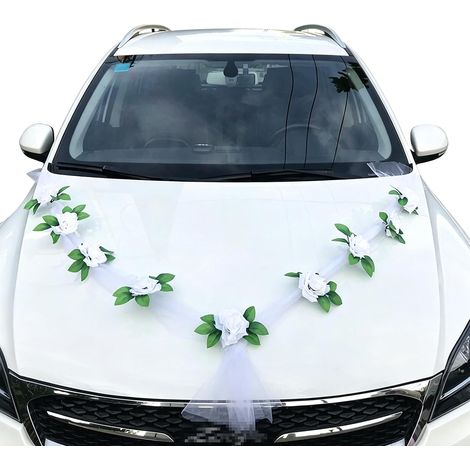 Décoration de voiture - Décoration de mariage - Couple de mariée - Décoration de roses - Bijoux avec ventouses et rubans de longueur - Décoration florale - Décoration de mariage pour fête de mariage