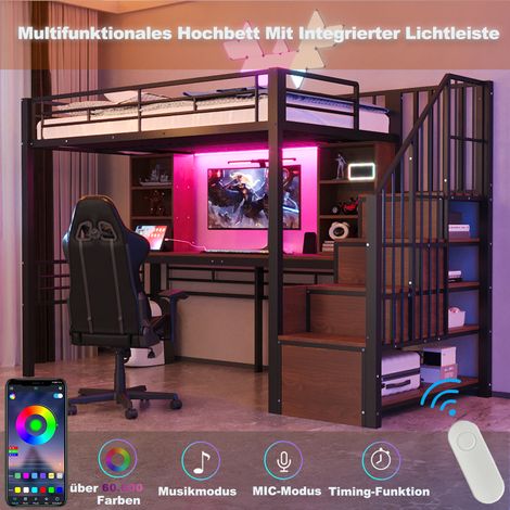 Lit mezzanine 90 × 200 cm avec étagère, bureau, prise européenne et éclairage LED, escalier de rangement intégré montable à gauche/droite, haut garde-corps, lit simple, cadre en fer, noir