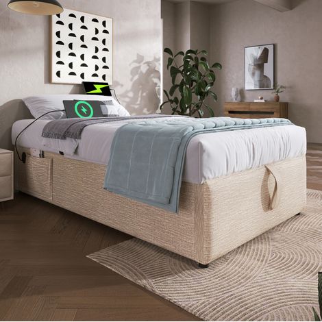 Bett Bettgestell Stauraum 90x200 USB Leinen OKMYHOME (1/5)