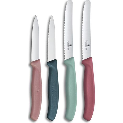 Victorinox Swiss Classic Set di Coltelli per Frutta e Verdura, 4 pezzi, Lama Affilata, Dritta e Seghettata, Fabbricato in Svizzera, Sfumature di verde, rosa (1/5)