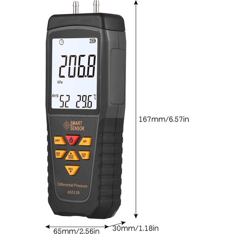 Manomètre différentiel numérique SMART SENSOR AS511B -206,8206,8 kPa, testeur de gaz et d'air à double port avec écran LCD rétroéclairé. Mesure la température et l'humidité. Mémoire de 12 unités. (1/5)
