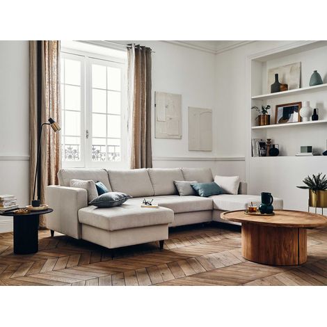 Lisa Design – Canapé panoramique en U 7 places convertible avec coffre – Revêtement velours beige – Structure bois massif – Dimensions L289 x P148 cm