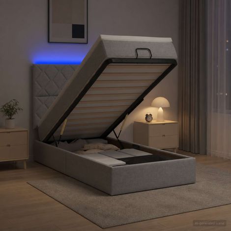 Cama tipo otomana con colchón y LED Gris Claro 80 x 200 cm Tela (1/5)