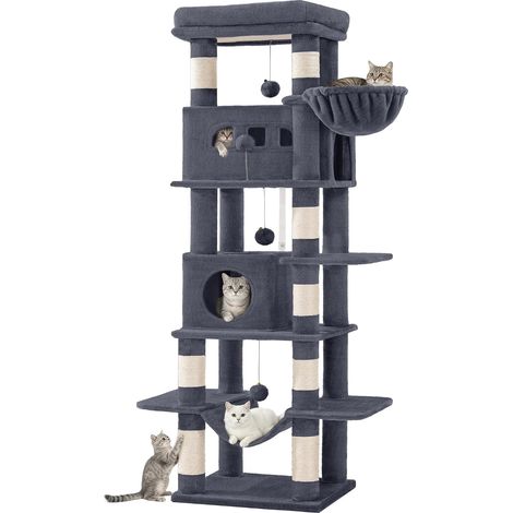 170 cm Grand Arbre à Chat, Tour à Chat pour Chats d'intérieur, avec Grand Perchoir, Tapis Lavable, 2 Niches Chats, 8 Griffoirs, Hamac, Pompons, Gris Foncé MS17018SG (1/5)