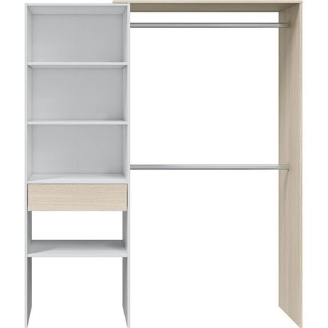 Armario vestidor Elfos con estantes y un cajón y 2 barras de colgar blanco roble 187 cm alto x 158 cm ancho x 40cm fondo. (1/4)